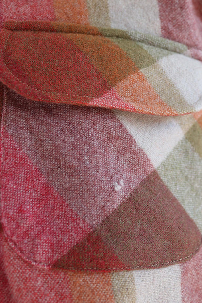 Vintage Penneys Towncraft wool shirt plaid 1960s 1970s pink green brown check 45” chest loop collar