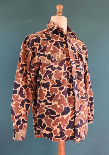 Vintage Woolrich shirt woodland camo workwear wool CPO shacket 43" chest hunting work chore camping hiking