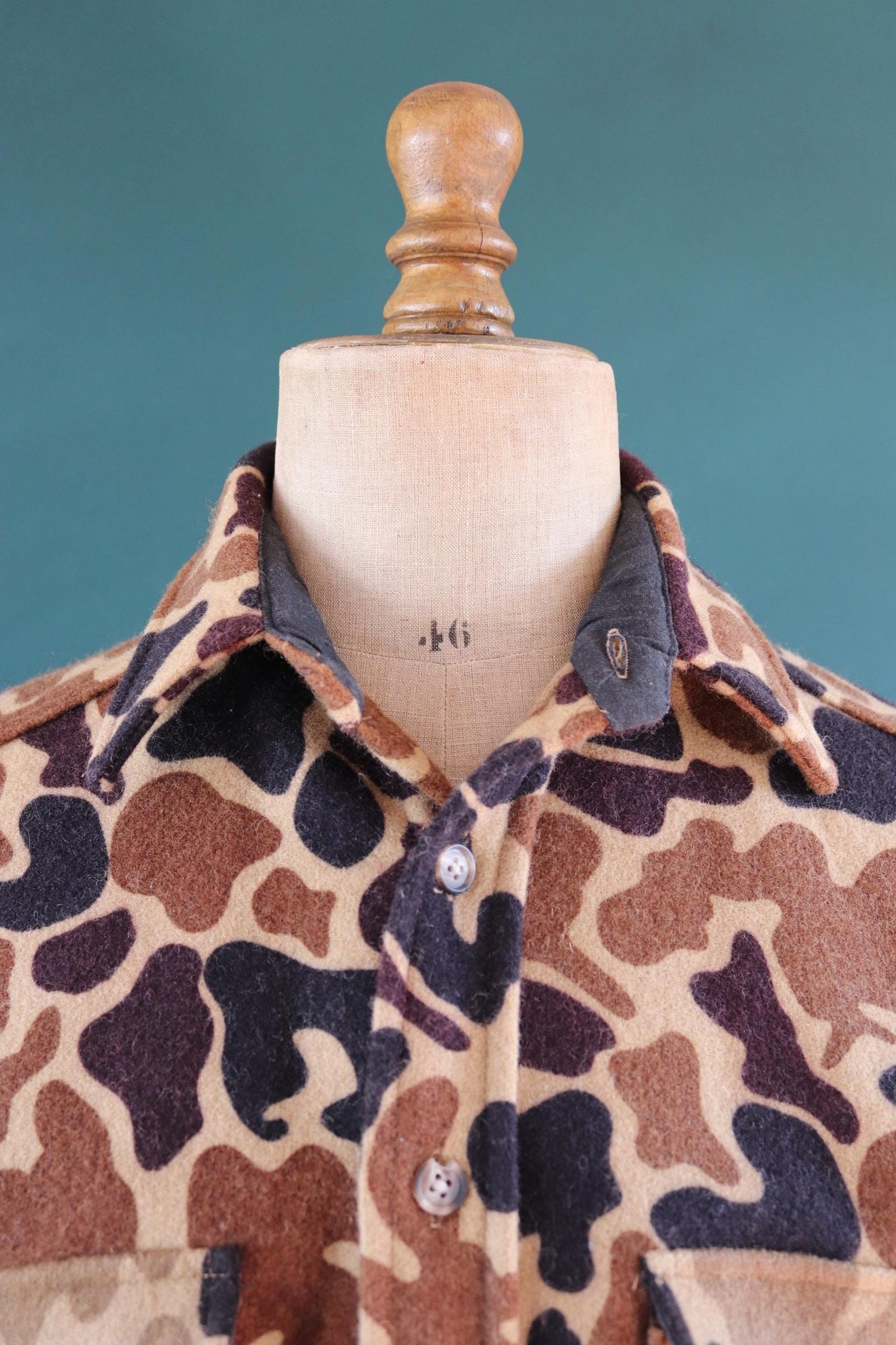 Vintage Woolrich shirt woodland camo workwear wool CPO shacket 43" chest hunting work chore camping hiking