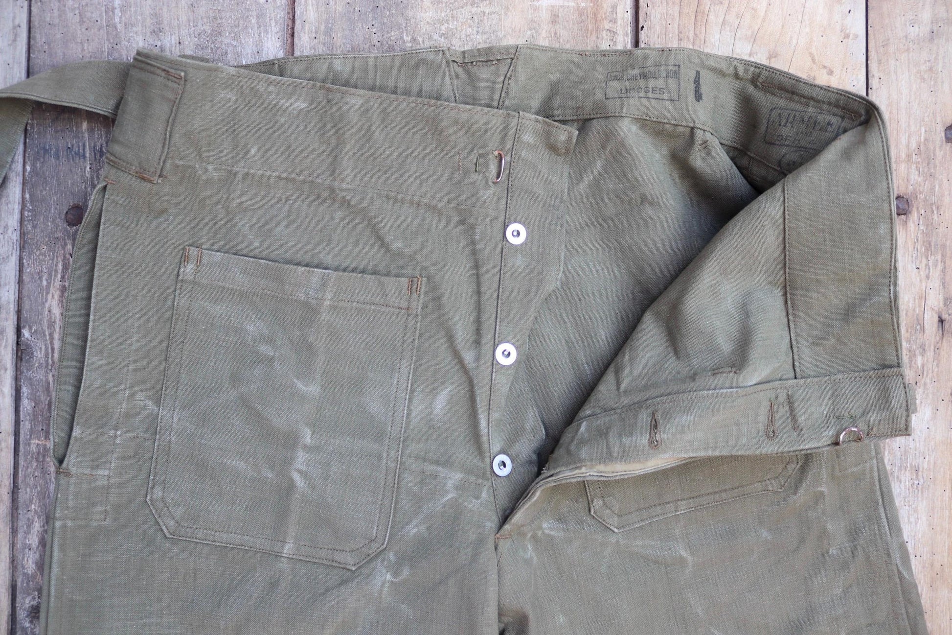 Vintage French military motorcycle trousers overalls pants khaki green cotton canvas dispatch rider 1950s army 38” x 29”