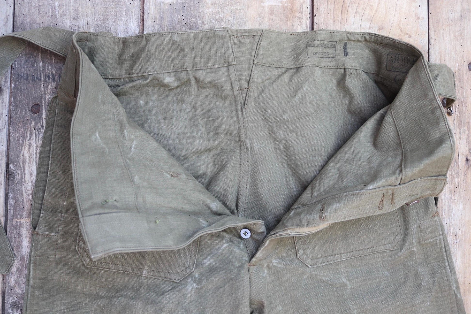 Vintage French military motorcycle trousers overalls pants khaki green cotton canvas dispatch rider 1950s army 38” x 29”