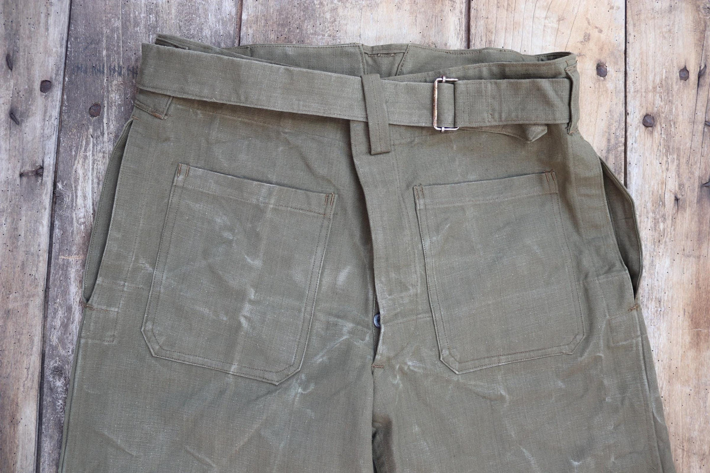 Vintage French military motorcycle trousers overalls pants khaki green cotton canvas dispatch rider 1950s army 38” x 29”