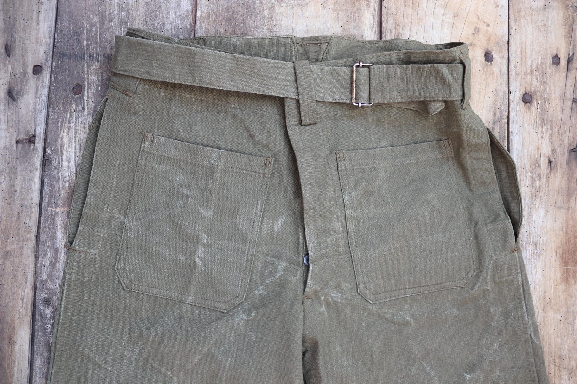 Vintage French military motorcycle trousers overalls pants khaki green cotton canvas dispatch rider 1950s army 38” x 29”