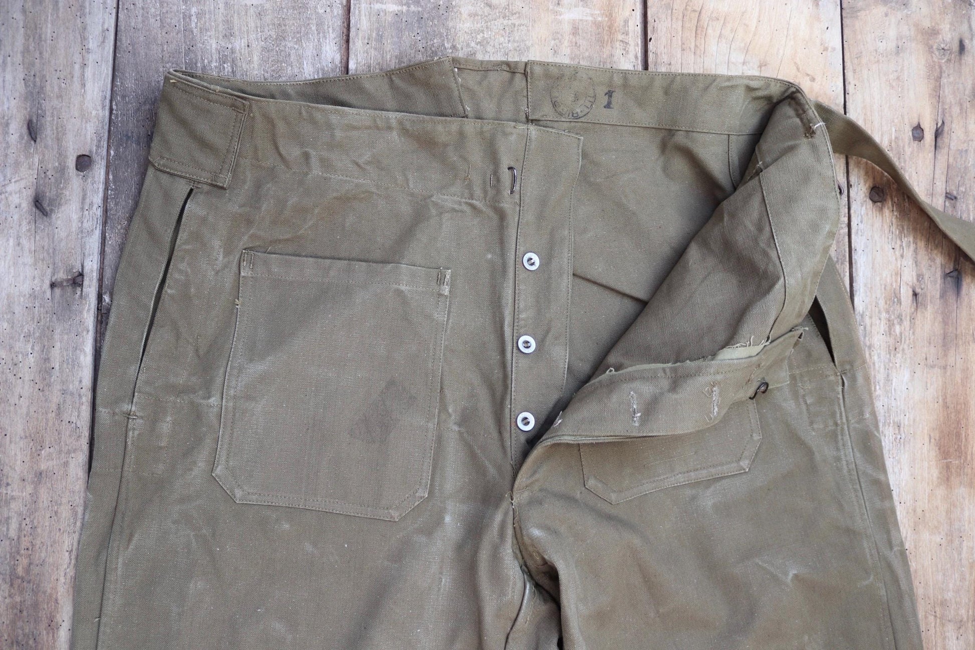 Vintage French military motorcycle trousers overalls pants khaki green cotton canvas dispatch rider 1950s army 40” x 29”