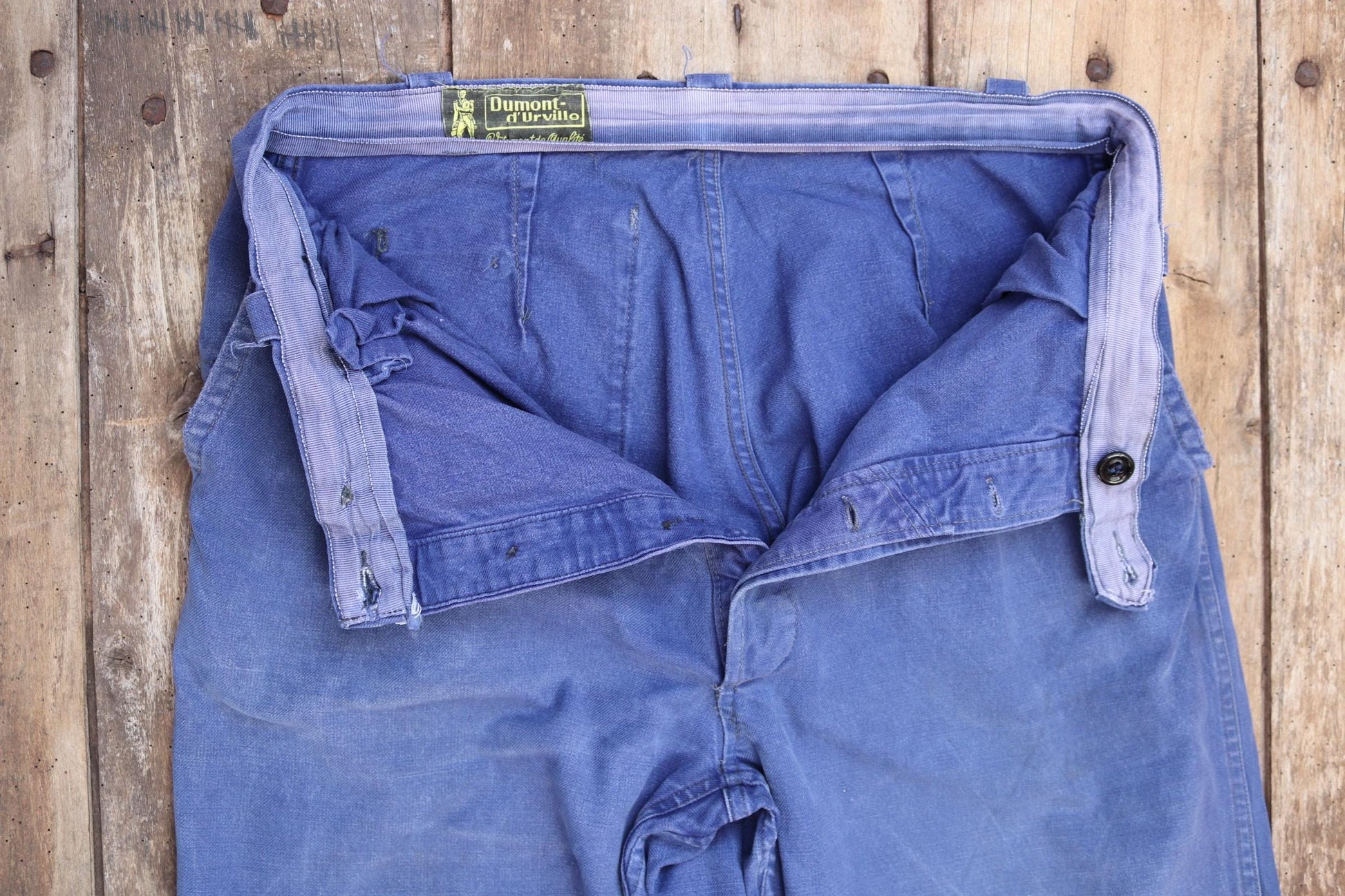 Vintage French workwear trousers pants indigo cotton twill 1960s work chore 35” x 27”