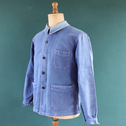 Vintage French moleskin jacket work workwear chore faded 44” chest bleu de travail