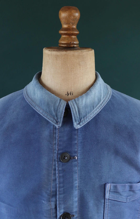Vintage French moleskin jacket work workwear chore faded 44” chest bleu de travail