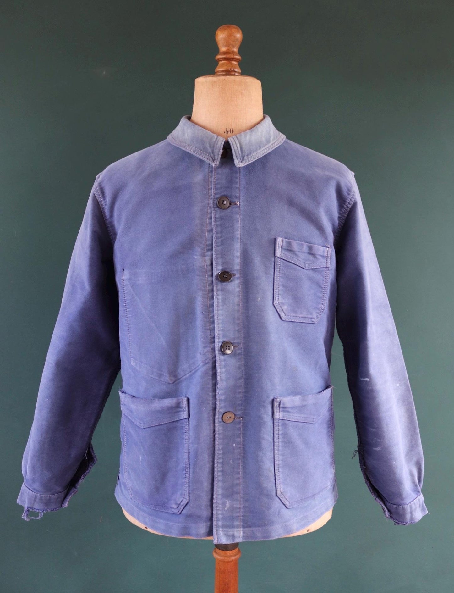 Vintage French moleskin jacket work workwear chore faded 44” chest bleu de travail