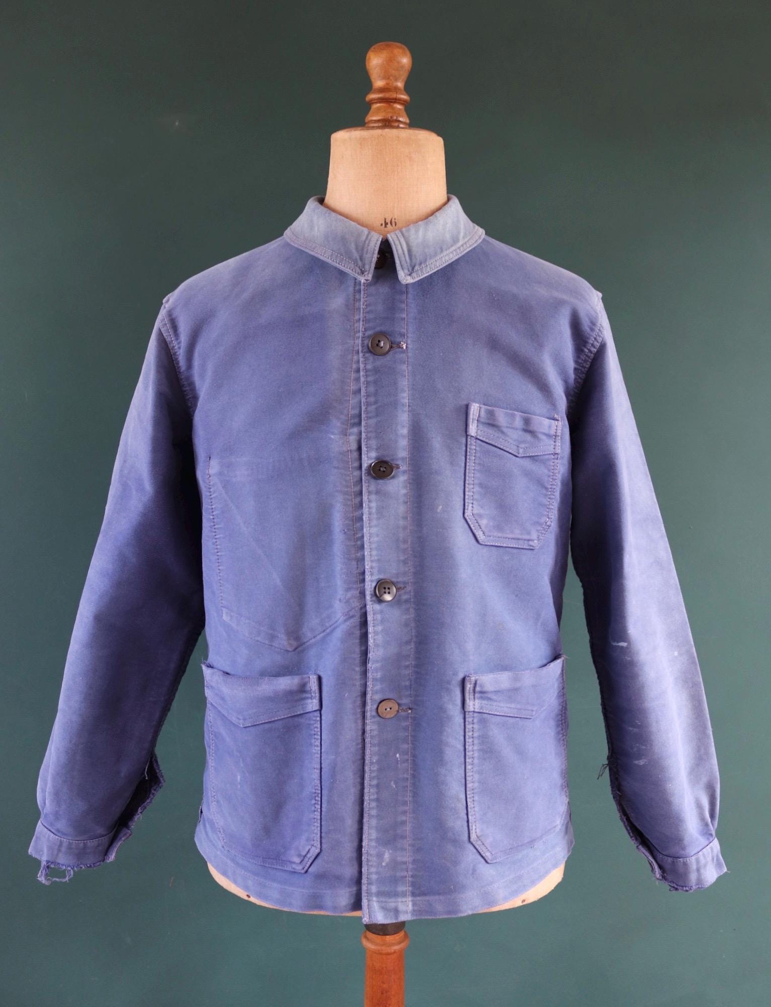 Vintage French moleskin jacket work workwear chore faded 44” chest bleu de travail