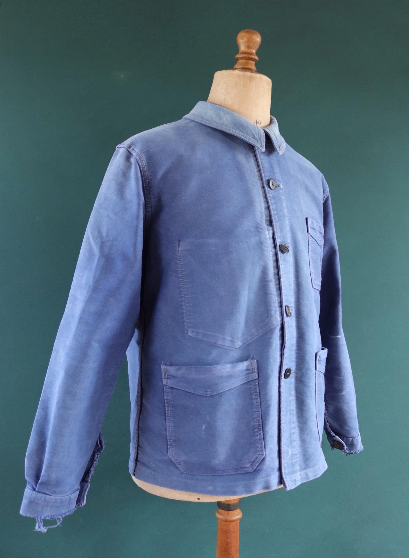 Vintage French moleskin jacket work workwear chore faded 44” chest bleu de travail
