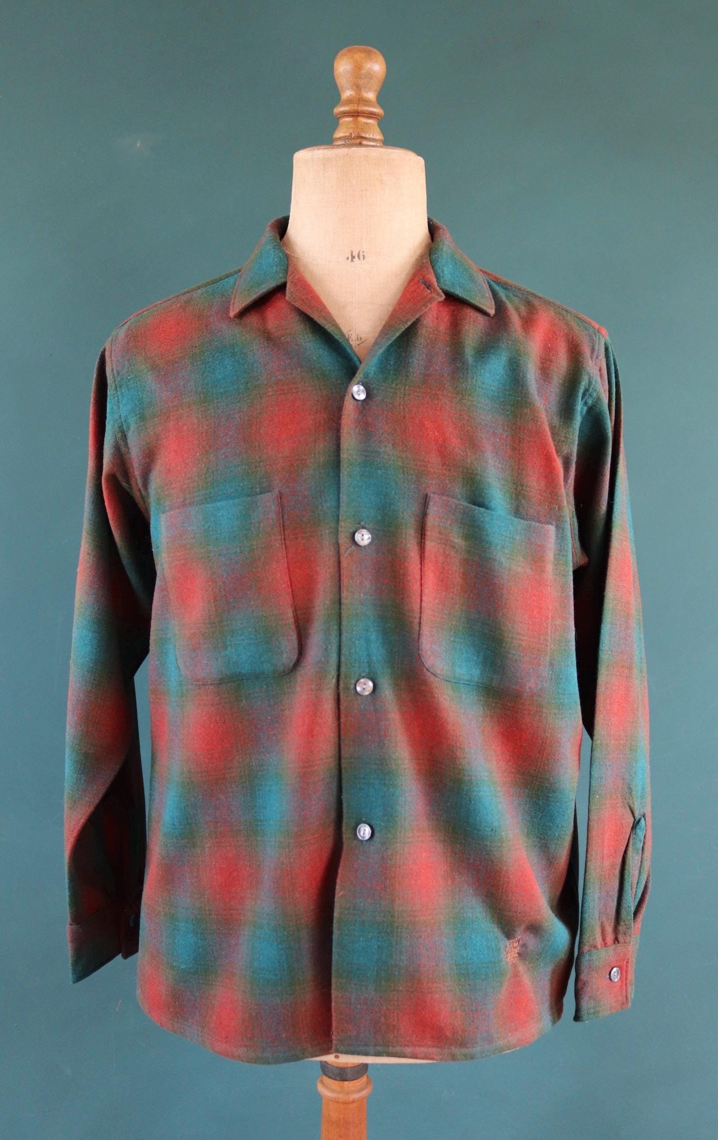 Vintage 1960s wool shadow plaid shirt brown green 46” chest loop collar