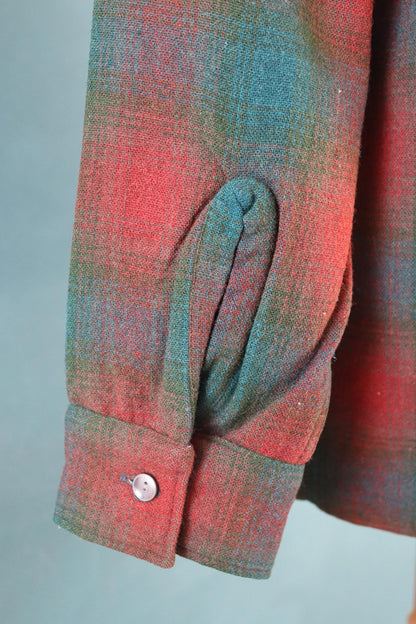 Vintage 1960s wool shadow plaid shirt brown green 46” chest loop collar