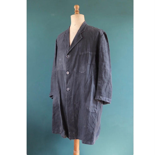 Vintage antique French indigo linen maquignon coat workwear duster work chore coat machinist 51” chest