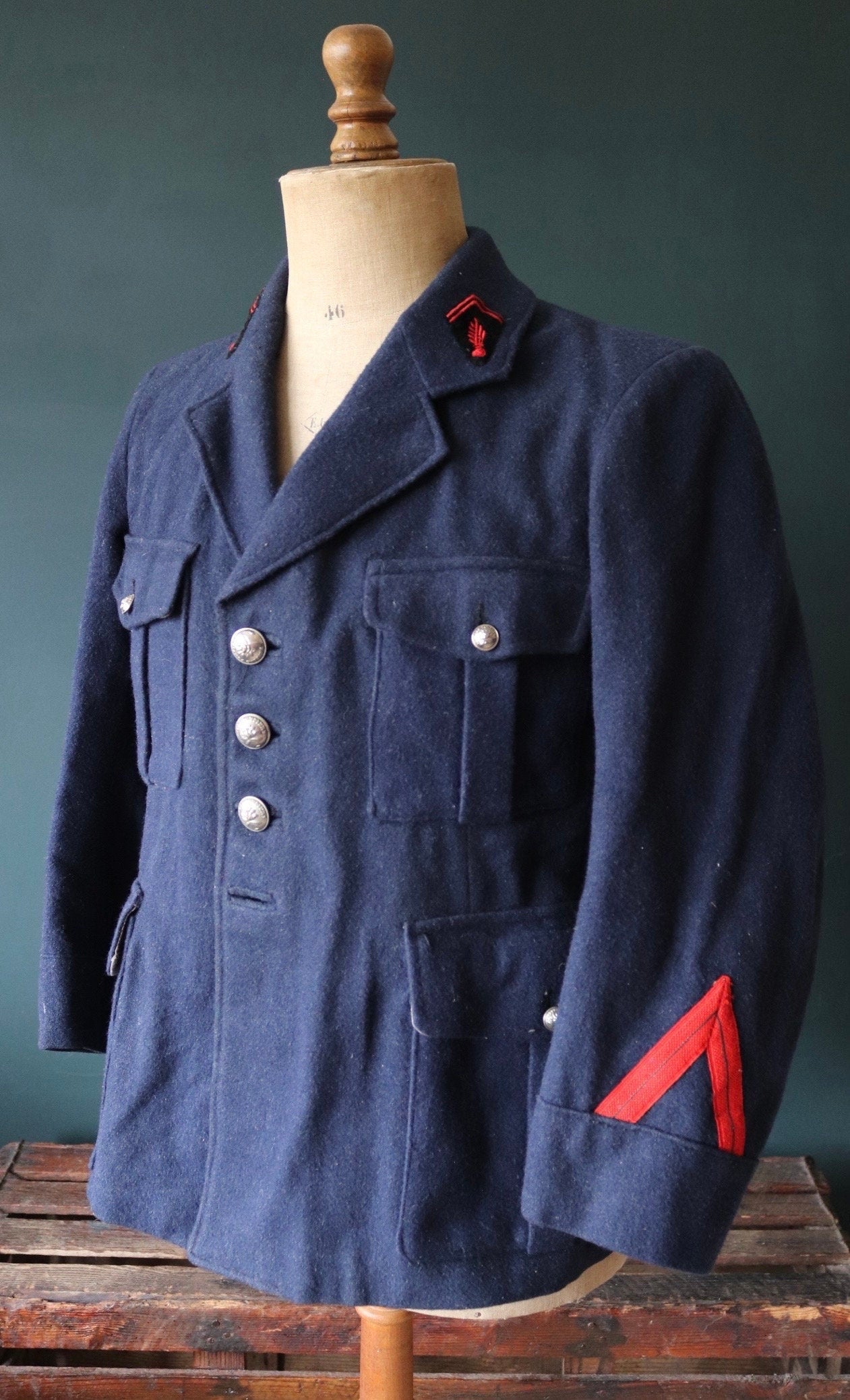 Vintage 1930s wool jacket French workwear Belle Jardiniere indigo blue fireman’s sapeurs pompiers 41” chest