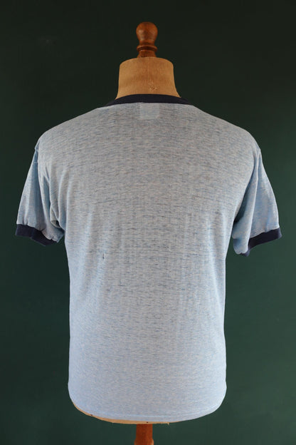 Vintage 1980s t shirt - paper thin - blue marl - 41” chest - ringer sportswear - made in USA