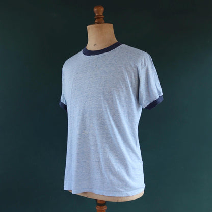 Vintage 1980s t shirt - paper thin - blue marl - 41” chest - ringer sportswear - made in USA