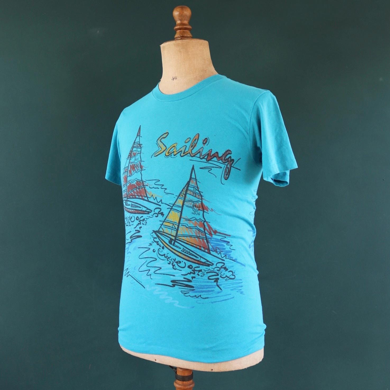 Vintage 1990s sailing t shirt - boat print - turquoise blue - 35” chest