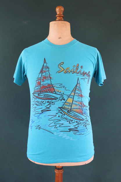 Vintage 1990s sailing t shirt - boat print - turquoise blue - 35” chest