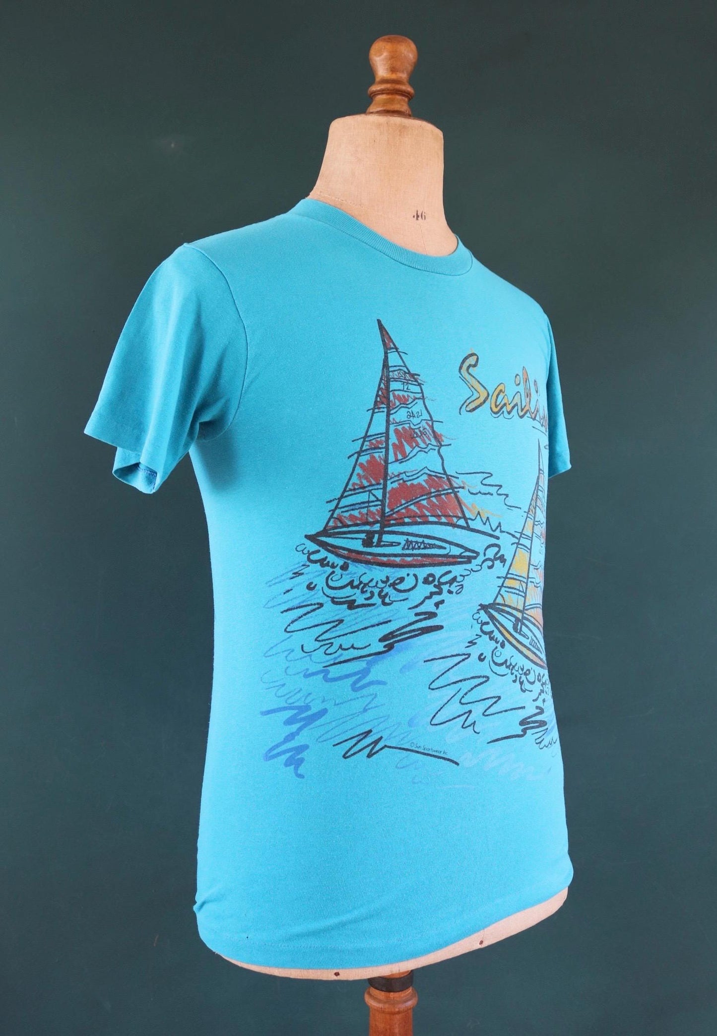 Vintage 1990s sailing t shirt - boat print - turquoise blue - 35” chest