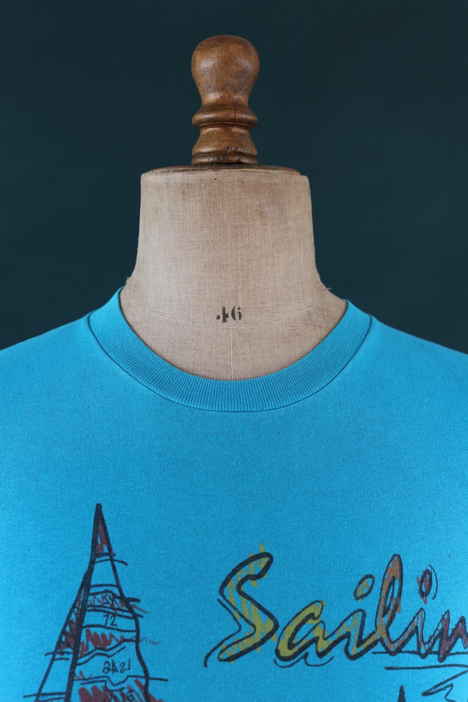 Vintage 1990s sailing t shirt - boat print - turquoise blue - 35” chest