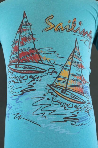 Vintage 1990s sailing t shirt - boat print - turquoise blue - 35” chest