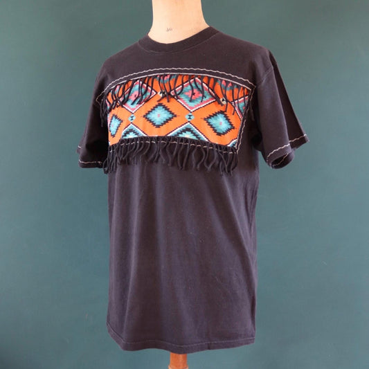 Vintage 1990s faded black t shirt - Aztec style design with tassels - 43” chest