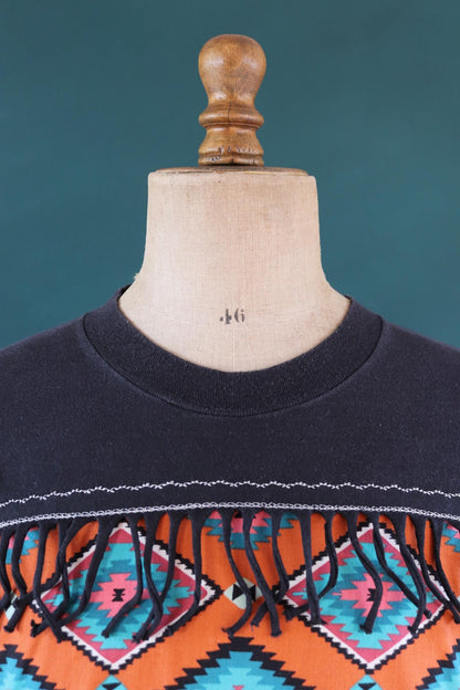 Vintage 1990s faded black t shirt - Aztec style design with tassels - 43” chest
