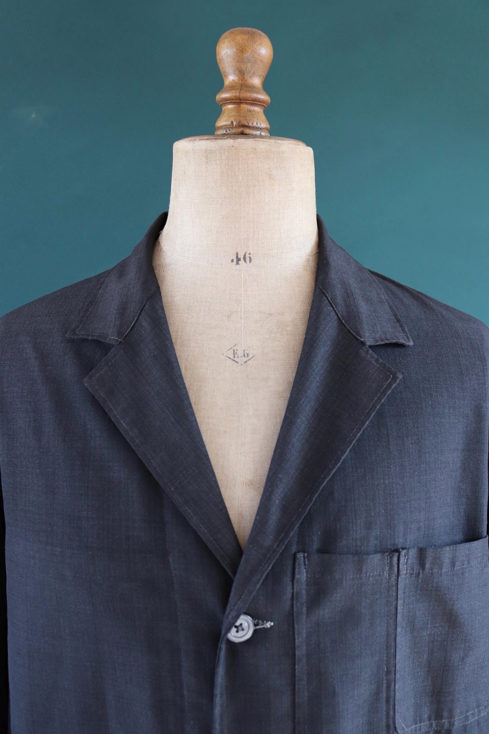 Vintage French workwear duster jacket 1950s 1960s Vetra black work chore coat maquignon machinist 50” chest