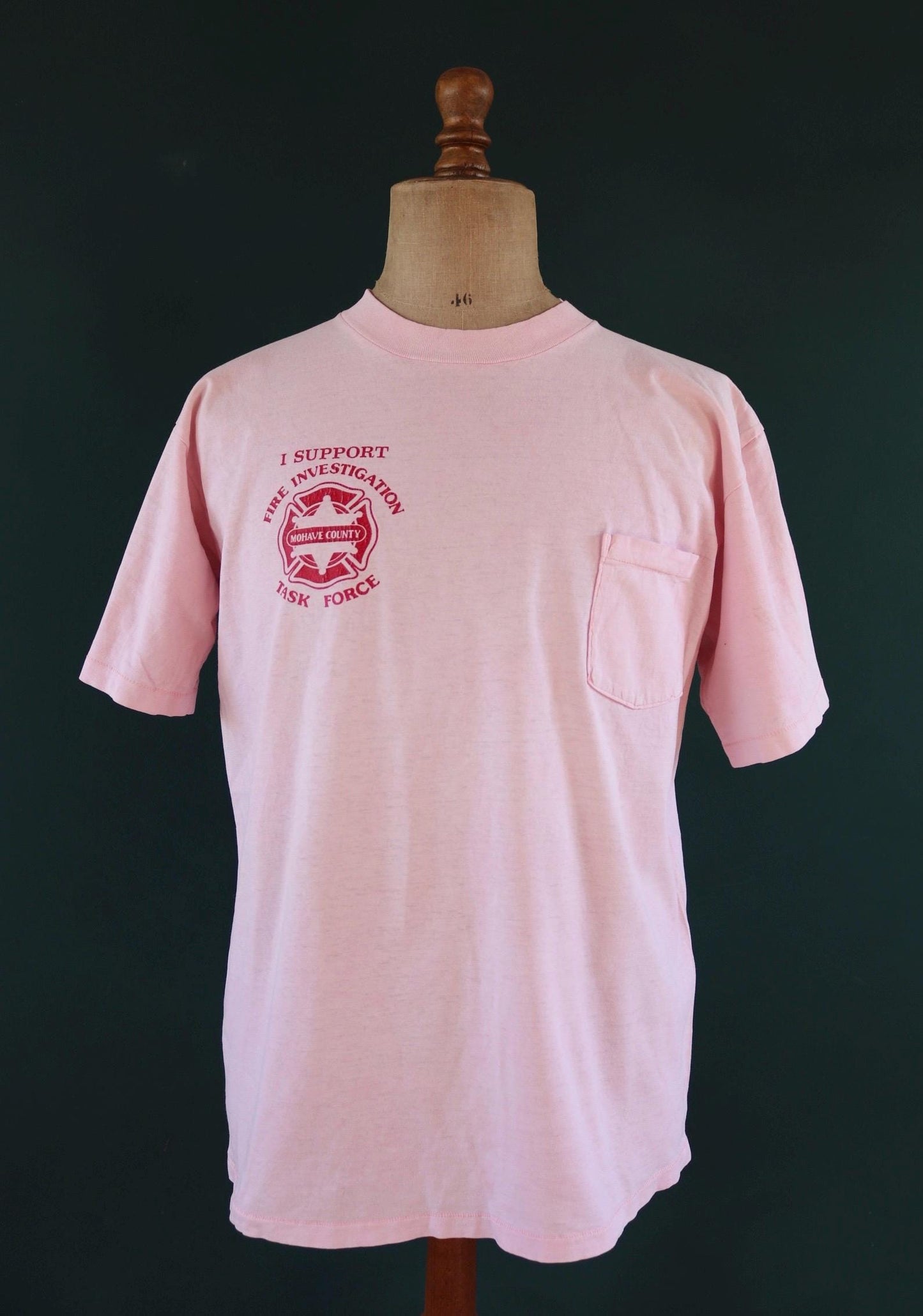 Vintage 1990s firefighter t shirt - pocket tee - Mohave County - pale pink - 44” chest