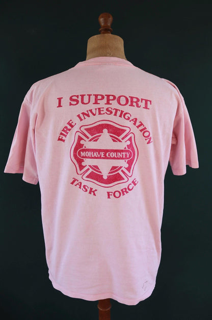 Vintage 1990s firefighter t shirt - pocket tee - Mohave County - pale pink - 44” chest