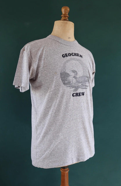 Vintage 1970s 80s grey marl t shirt - geochem crew - water bird print - 41” chest