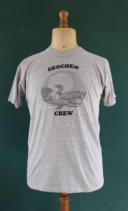 Vintage 1970s 80s grey marl t shirt - geochem crew - water bird print - 41” chest