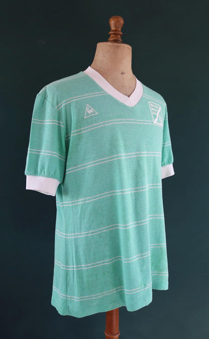 Vintage 1980s Le Coq Sportif soccer t shirt - green striped tee - 44” chest