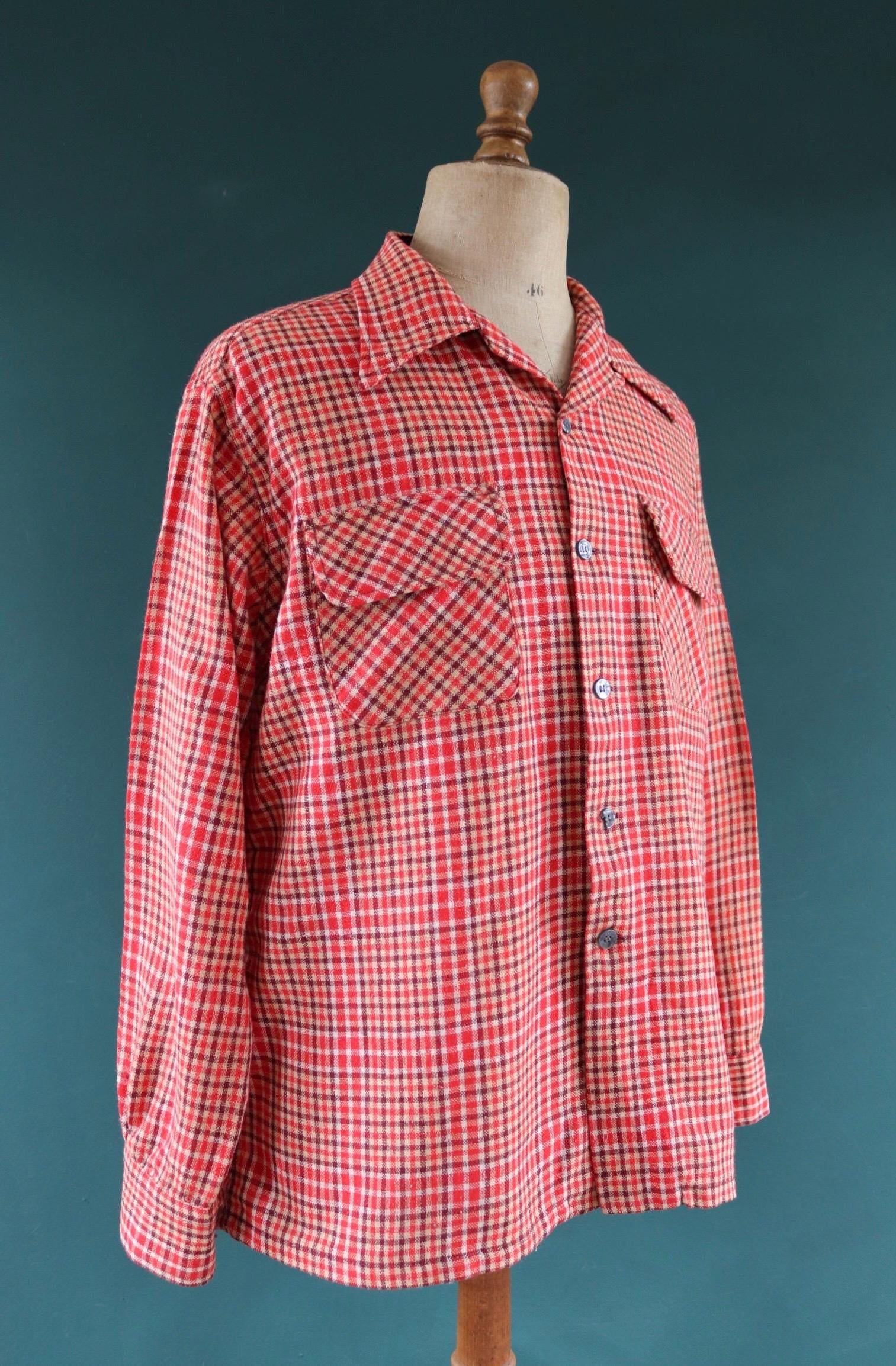 Vintage 1960s wool shirt - red burgundy plaid - 49” chest - loop collar