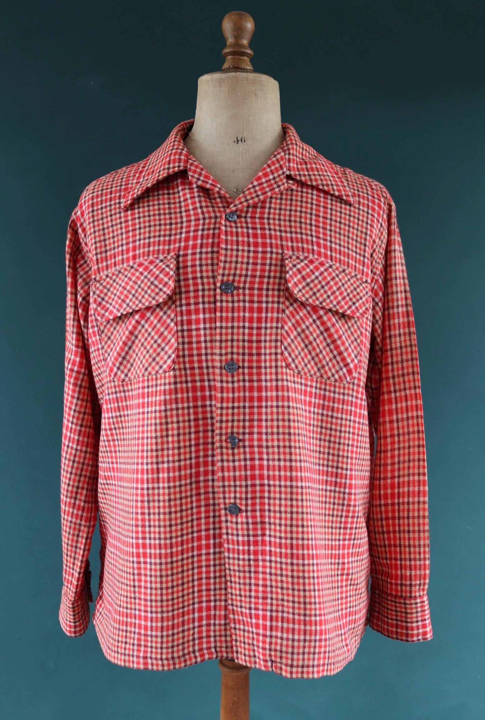 Vintage 1960s wool shirt red burgundy plaid 1970s 49” chest loop collar