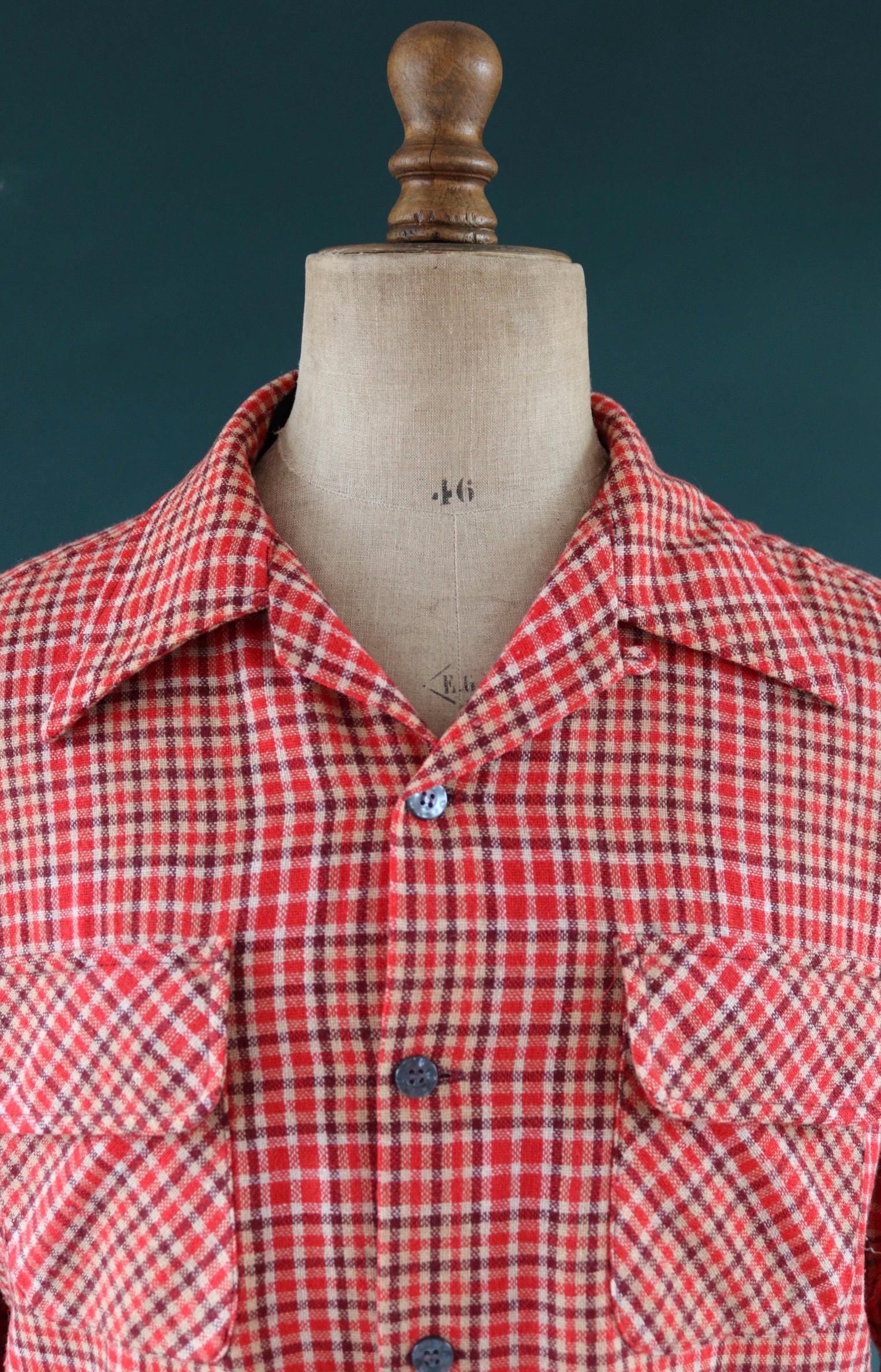 Vintage 1960s wool shirt red burgundy plaid 1970s 49” chest loop collar