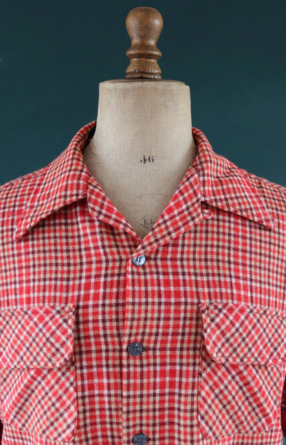 Vintage 1960s wool shirt red burgundy plaid 1970s 49” chest loop collar