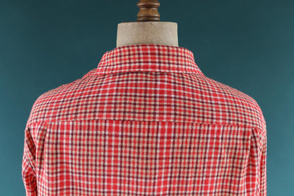 Vintage 1960s wool shirt red burgundy plaid 1970s 49” chest loop collar