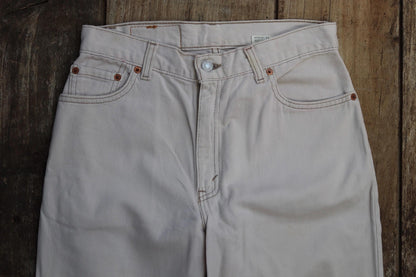 Vintage 1990s Levis 550 white denim jeans - Levi Strauss red tab - barrel leg - small e - zip fly - 29” x 38”