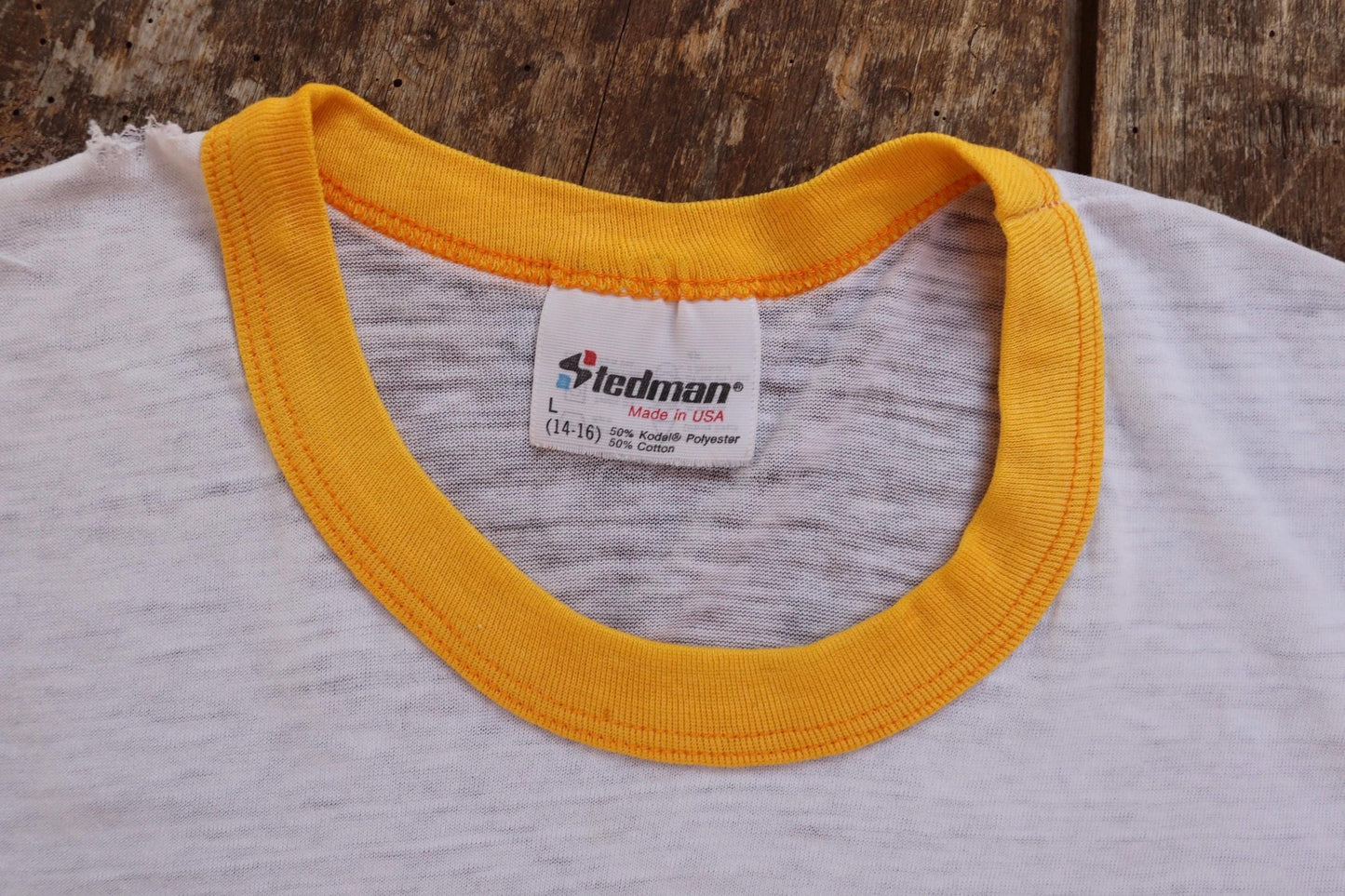 Vintage 1980s kids ringer t shirt - American football - paper thin - 31” chest - for age 7, 8, 9