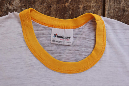 Vintage 1980s kids ringer t shirt - American football - paper thin - 31” chest - for age 7, 8, 9