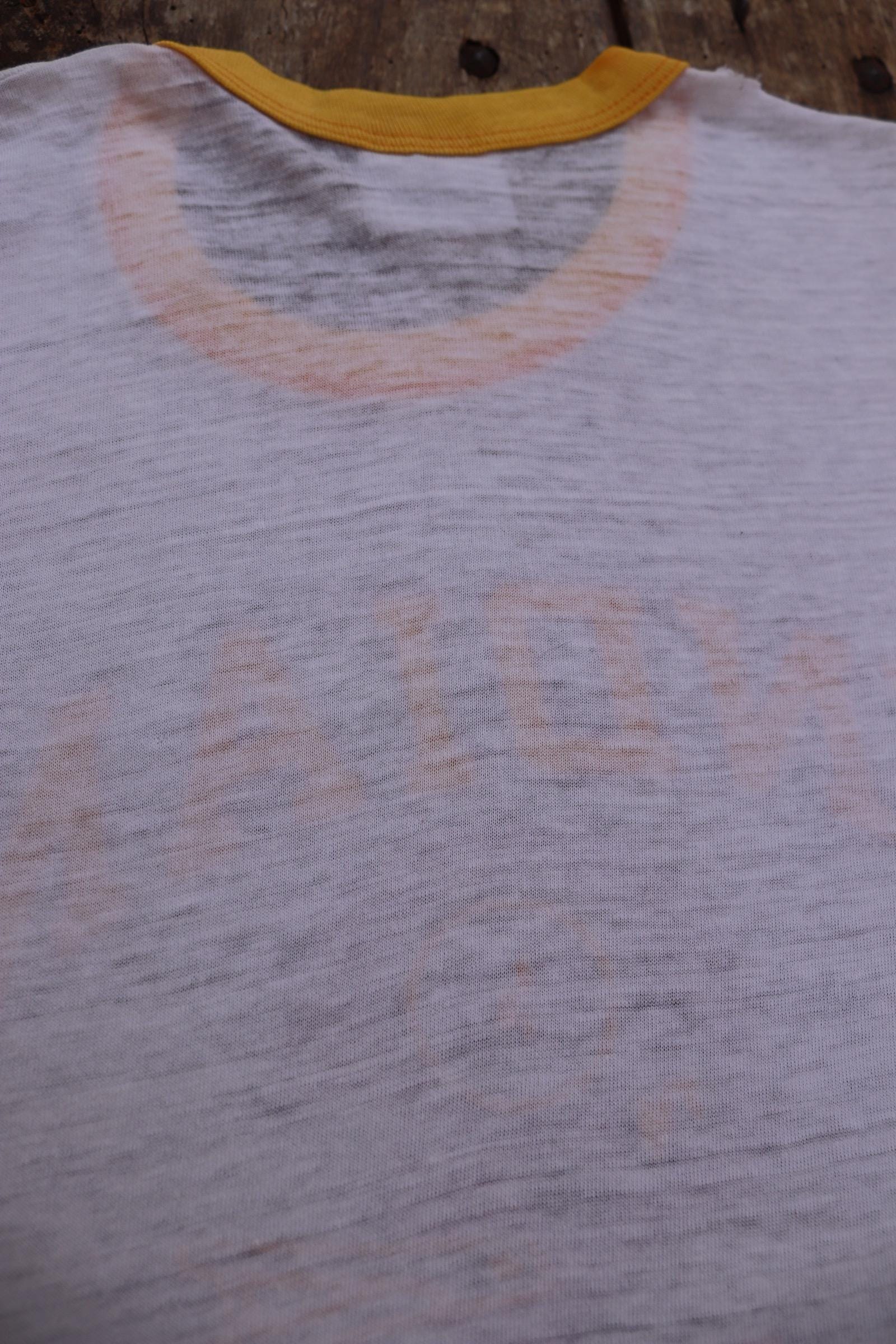 Vintage 1980s kids ringer t shirt - American football - paper thin - 31” chest - for age 7, 8, 9