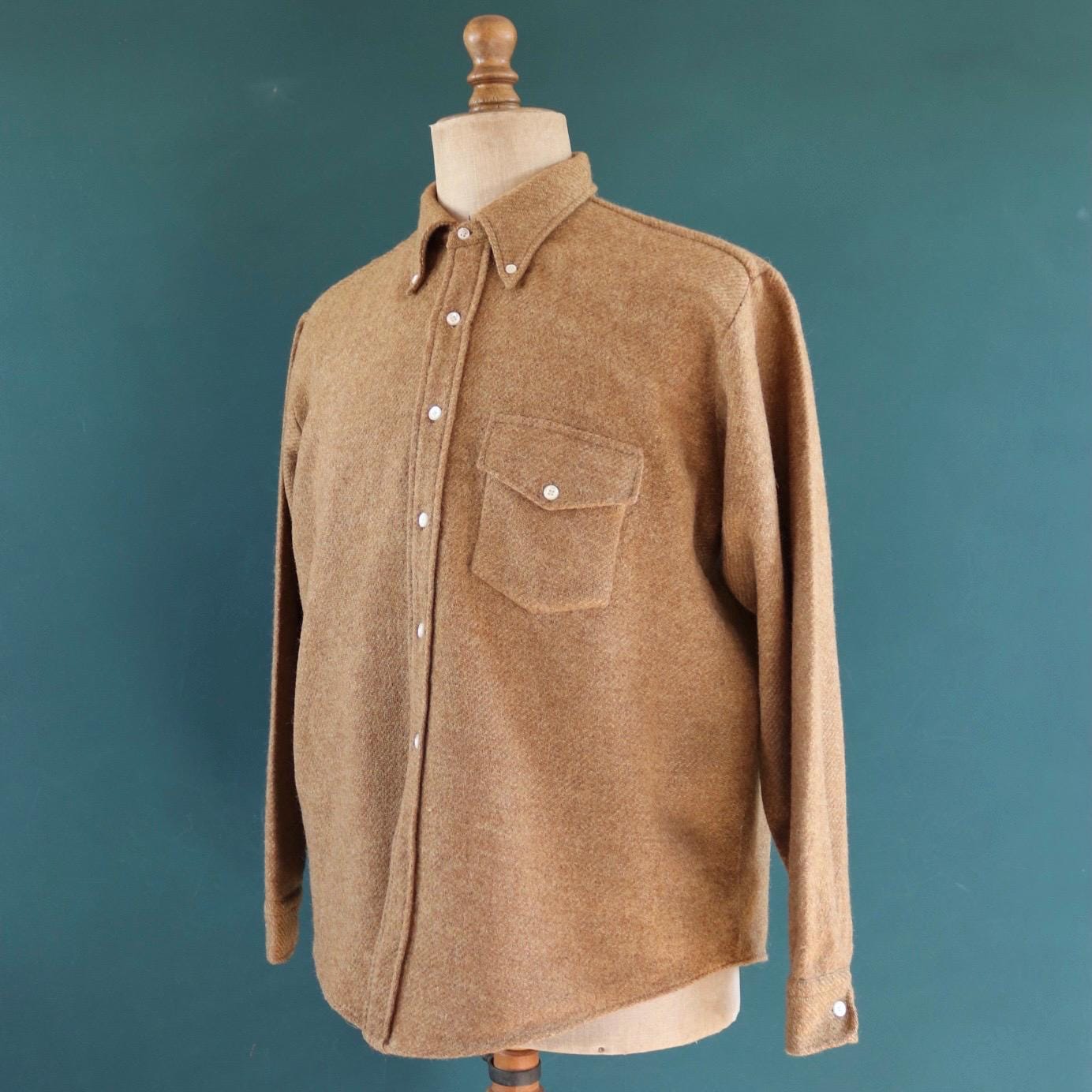 Vintage 1960s wool shirt - button down roll collar - Ivy League - 50” chest