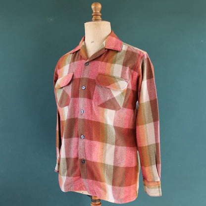 Vintage Penneys Towncraft wool shirt plaid 1960s 1970s pink green brown check 45” chest loop collar