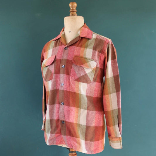 Vintage Penneys Towncraft wool shirt plaid 1960s 1970s pink green brown check 45” chest loop collar