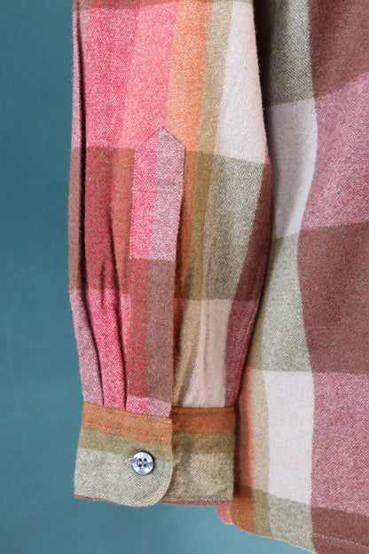 Vintage Penneys Towncraft wool shirt plaid 1960s 1970s pink green brown check 45” chest loop collar