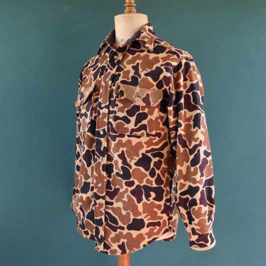 Vintage Woolrich shirt woodland camo workwear wool CPO shacket 43" chest hunting work chore camping hiking