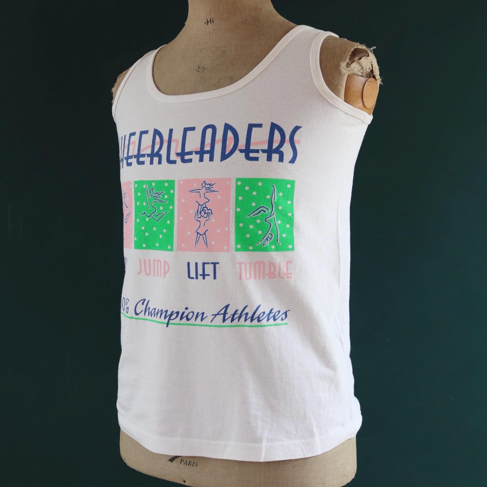 Vintage 1980s 1990s t shirt - neon and white vest - cheerleader print - cotton sportswear singlet - 39” chest