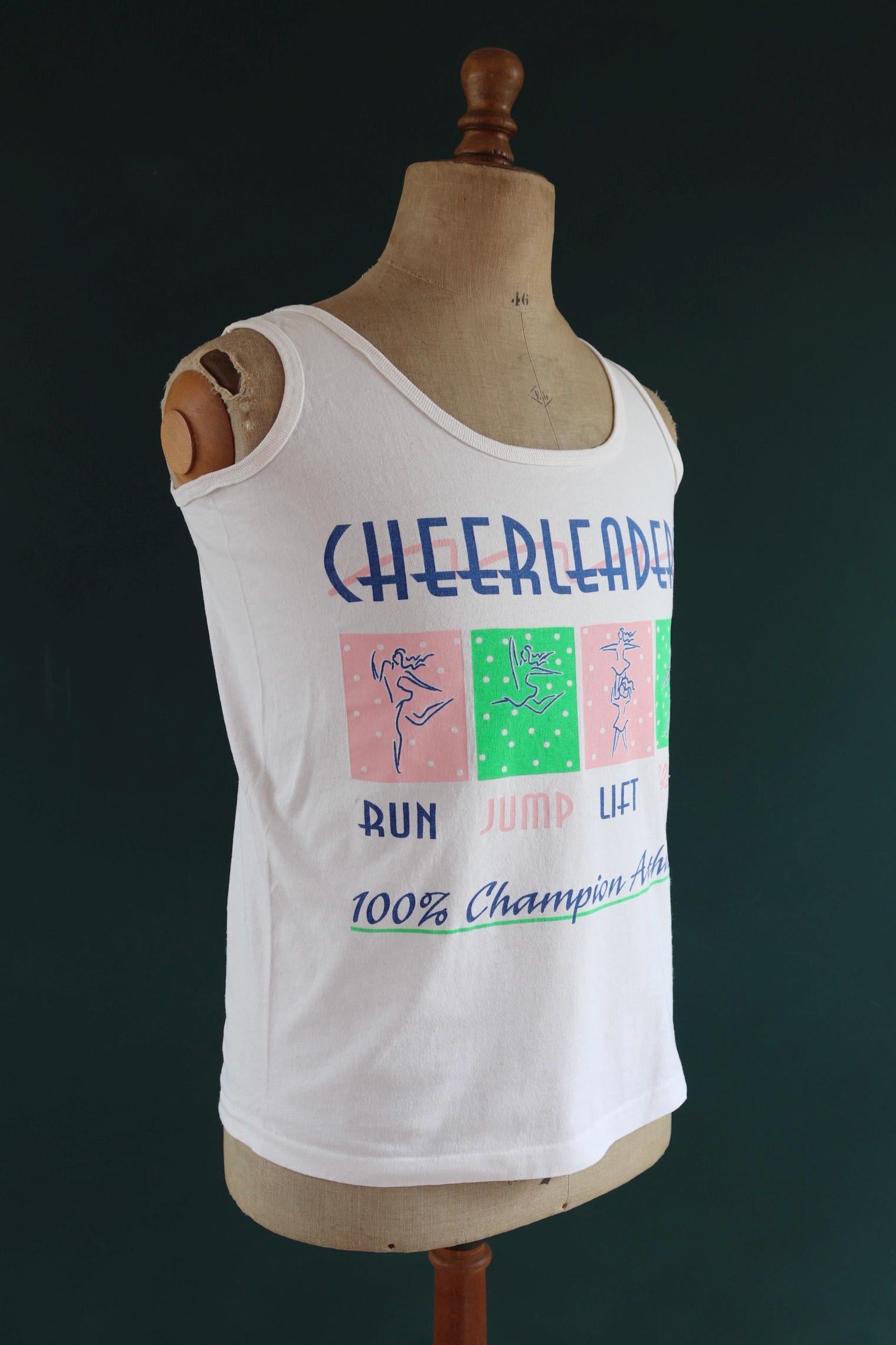 Vintage 1980s 1990s t shirt - neon and white vest - cheerleader print - cotton sportswear singlet - 39” chest