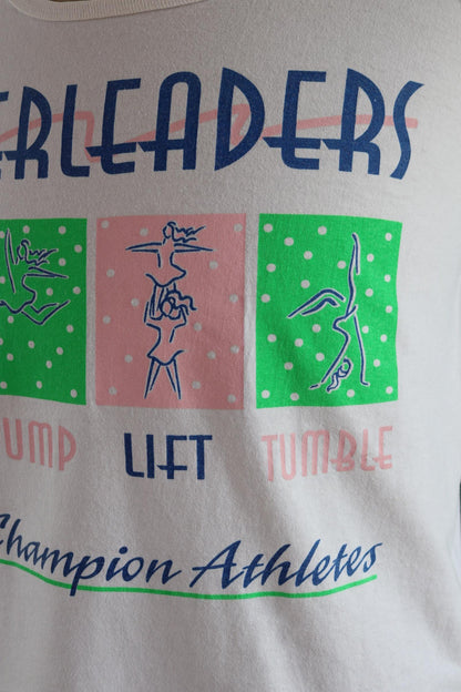 Vintage 1980s 1990s t shirt - neon and white vest - cheerleader print - cotton sportswear singlet - 39” chest